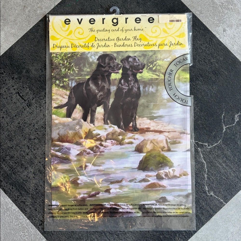 NWT - Evergreen Garden Flag - Black Labrador lake setting